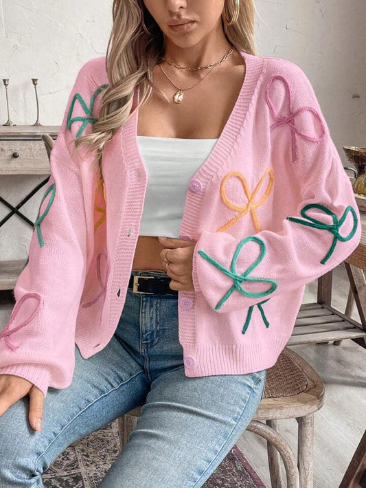 CM-CS089608 Women Casual Seoul Style Colorful Bow Knit Long Sleeve Cardigan - Pink