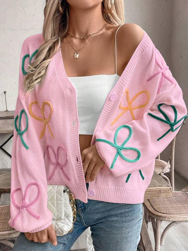 CM-CS089608 Women Casual Seoul Style Colorful Bow Knit Long Sleeve Cardigan - Pink