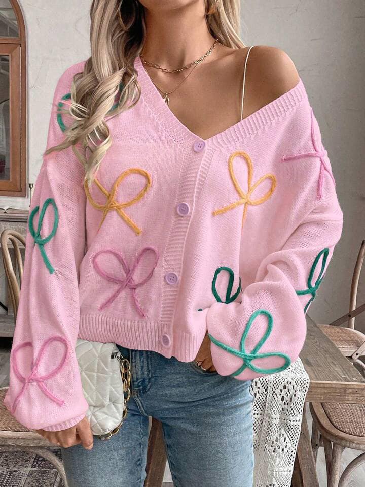 CM-CS089608 Women Casual Seoul Style Colorful Bow Knit Long Sleeve Cardigan - Pink