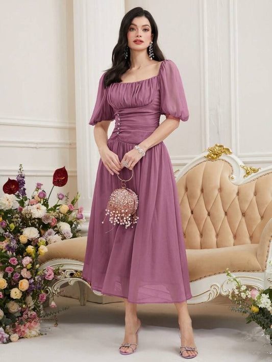 CM-DS785447 Women Elegant Seoul Style Square Neck Short Puff Sleeve Pleated Dress