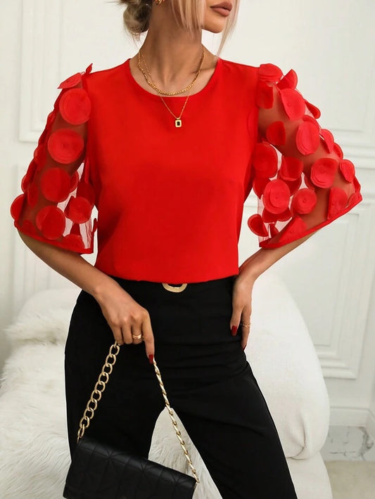 CM-TS636193 Women Casual Seoul Style Round Neck Contrast Mesh Sleeve Blouse - Red