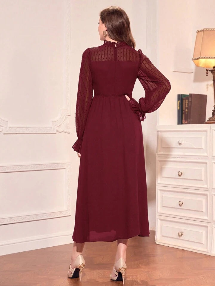 CM-DS265256 Women Elegant Seoul Style Stand Collar Long Sleeve Belted Dress - Burgundy