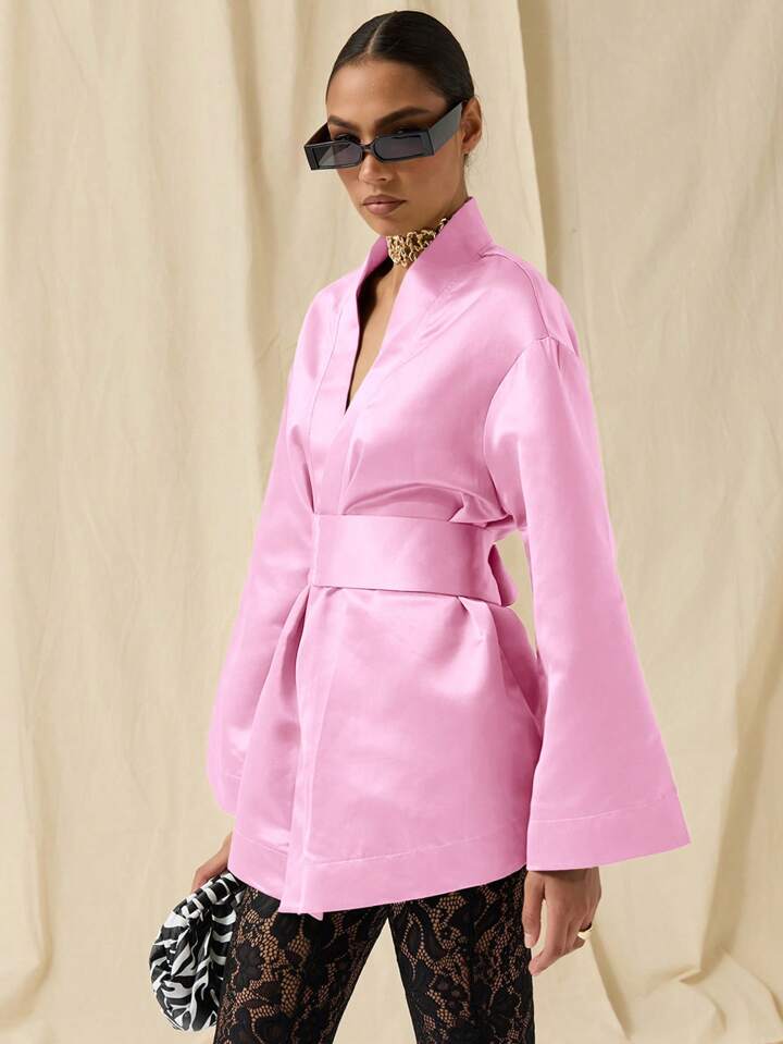 CM-DS784692 Women Elegant Seoul Style Solid Color Deep V-Neck Bell Sleeve Mini Dress - Pink