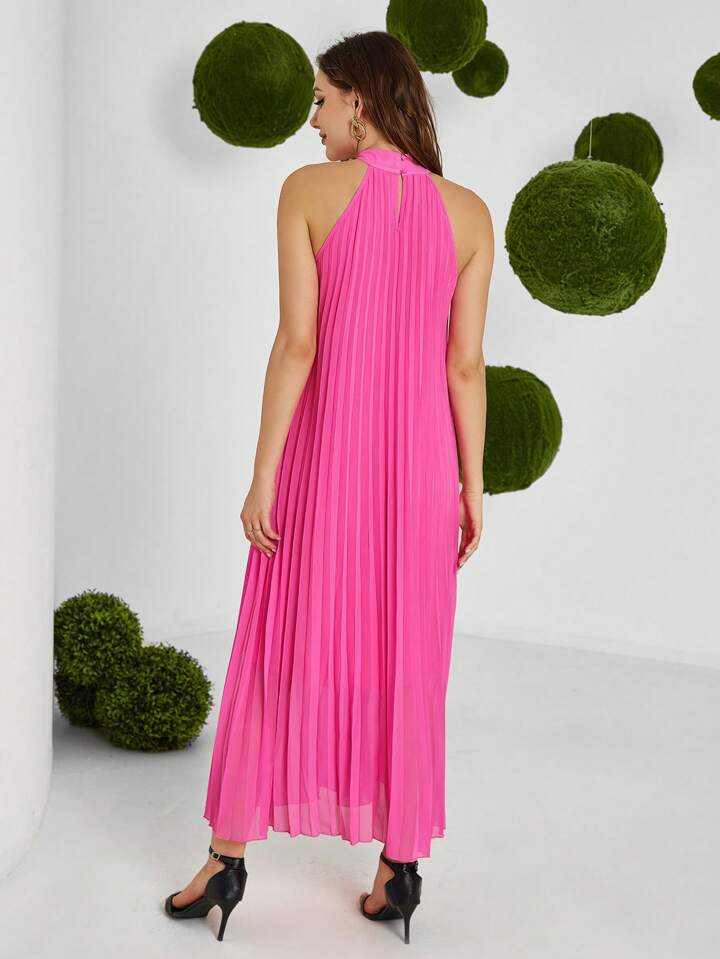 CM-DS373674 Women Casual Seoul Style Halter Neck Off Shoulder Pleated Maxi Dress - Hot Pink