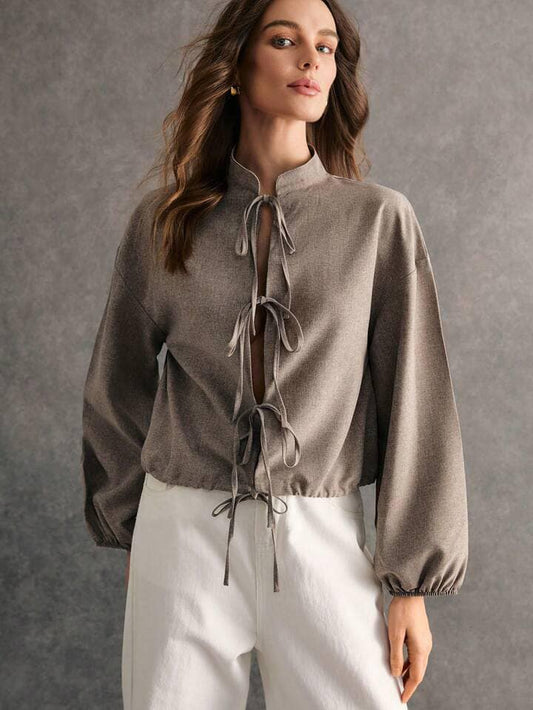 CM-TS599053 Women Casual Seoul Style Solid Color Stand Collar Tie-Up Lantern Sleeve Blouse