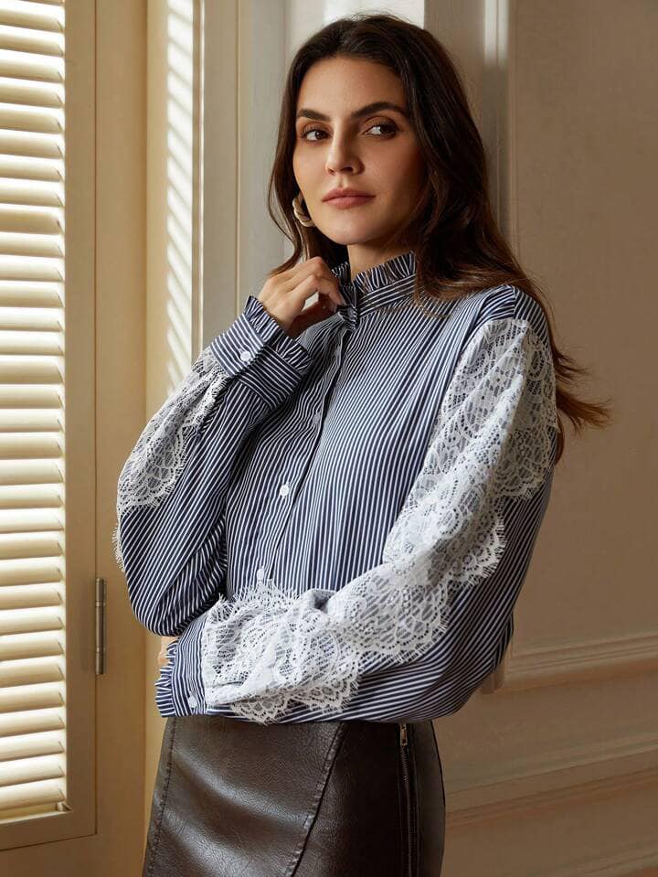 CM-TS118183 Women Casual Seoul Style Ruffle Collar Striped Lace Patchwork Long Sleeve Shirt