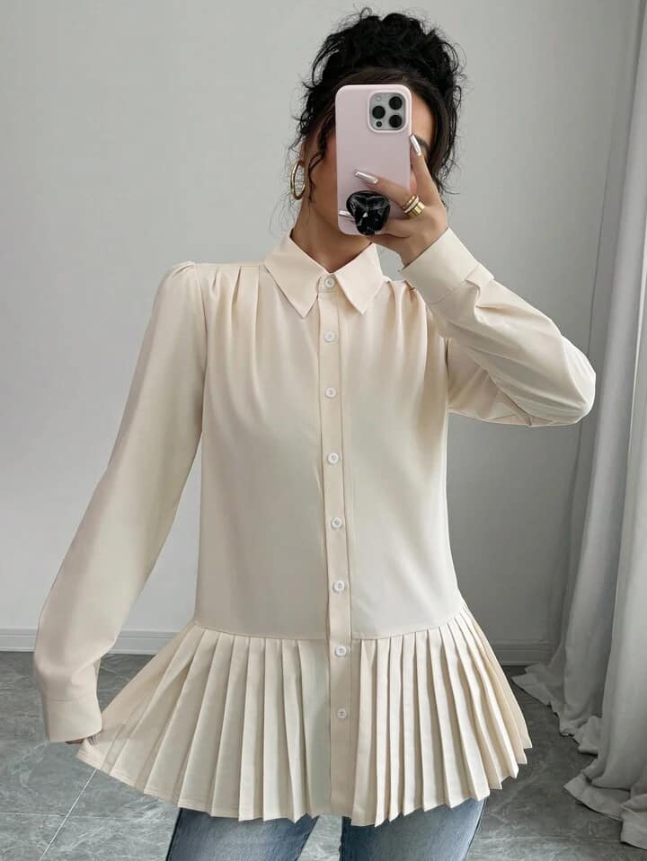 CM-TS222880 Women Casual Seoul Style Solid Color Collar Pleated Hem Long Sleeve Blouse