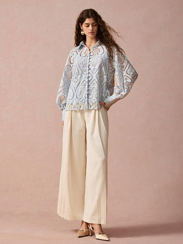 CM-TS100714 Women Elegant Seoul Style Hollow-Out Embroidered Raglan Sleeve Blouse - Blue
