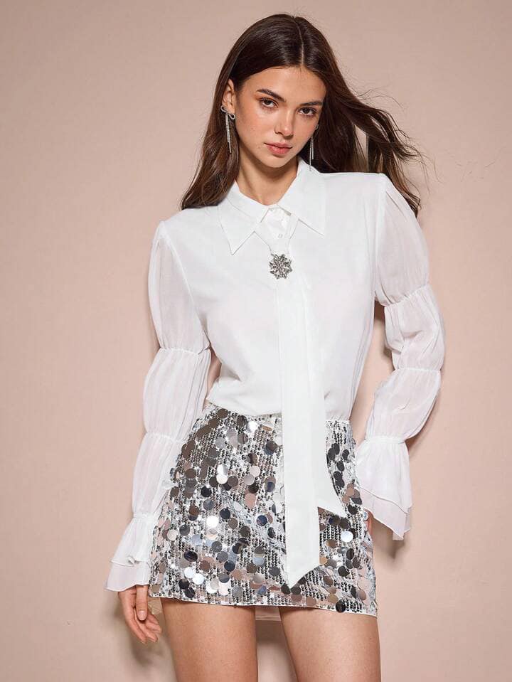 CM-TS241411 Women Elegant Seoul Style Bubble Multi-Layered Flared Cuffs Diamond Buttons Blouse