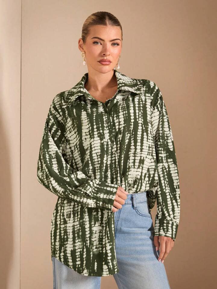 CM-TS240155 Women Casual Seoul Style Tie-Dye Pattern Collar Neckline Long Sleeve Loose Blouse
