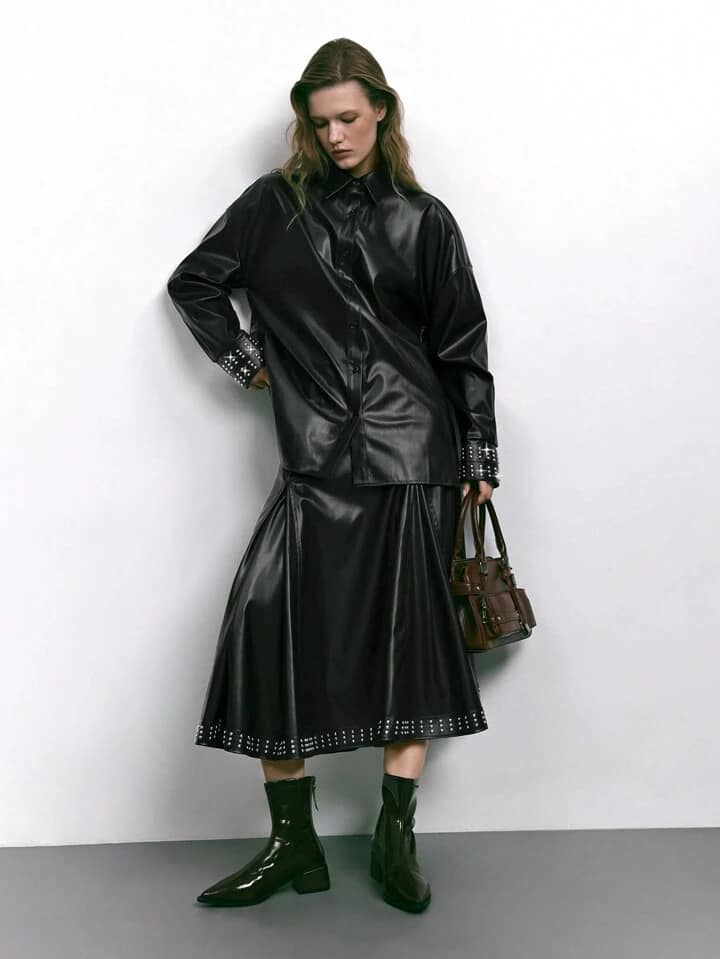 CM-TS366066 Women Elegant Seoul Style PU Leather Sleeve Pearl Decor Drop Shoulder Long Sleeve Shirt