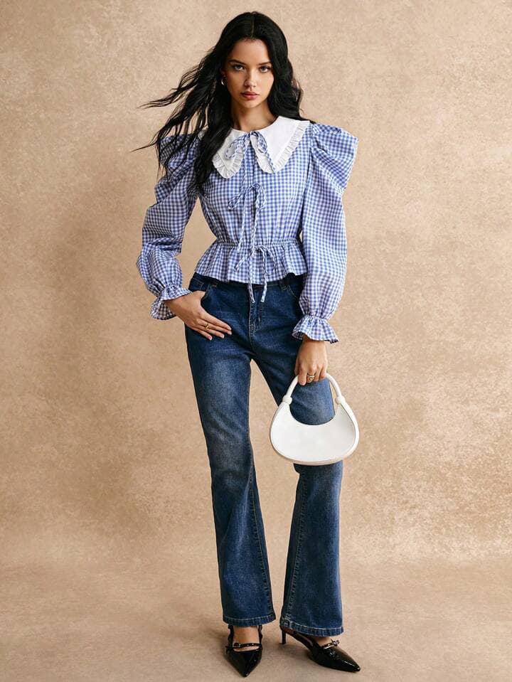 CM-TS885491 Women Casual Seoul Style Color Blocking Peter Pan Collar Gigot Sleeve Tie-Up Shirt