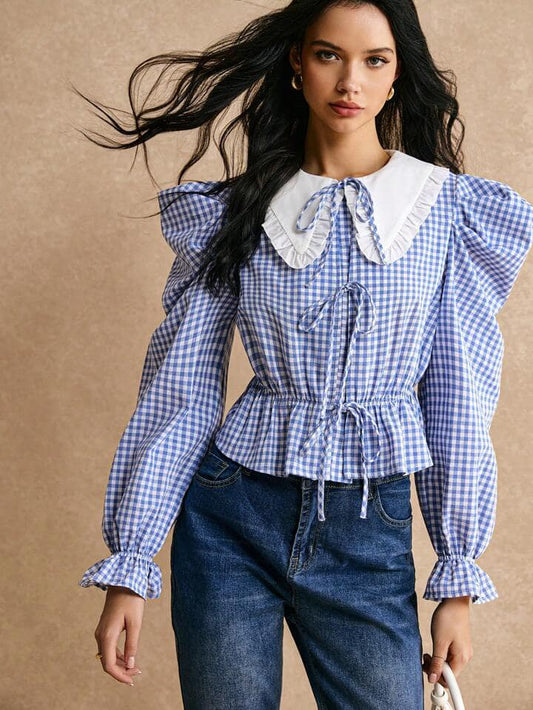 CM-TS885491 Women Casual Seoul Style Color Blocking Peter Pan Collar Gigot Sleeve Tie-Up Shirt