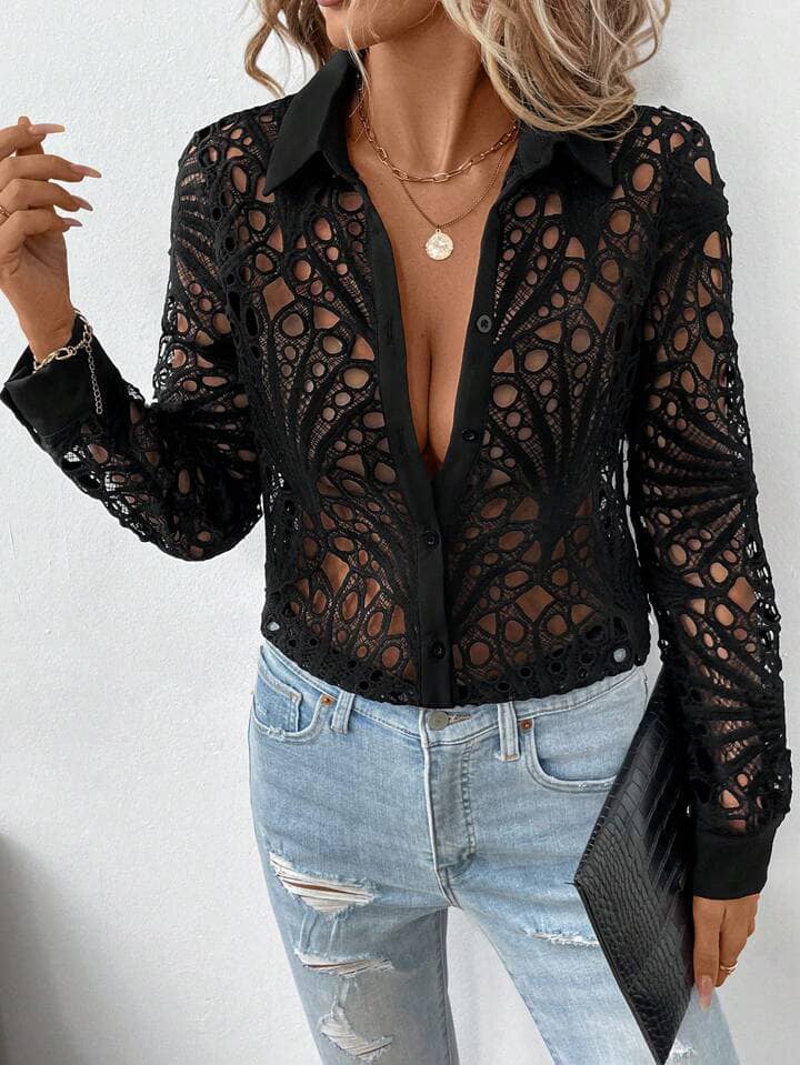 CM-TS461786 Women Casual Seoul Style Collar Neckline Drop Shoulder Lace Sheer Shirt - Black