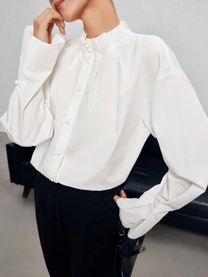 CM-TS271117 Women Casual Seoul Style Stand Collar Long Sleeve Button Up Shirt - White