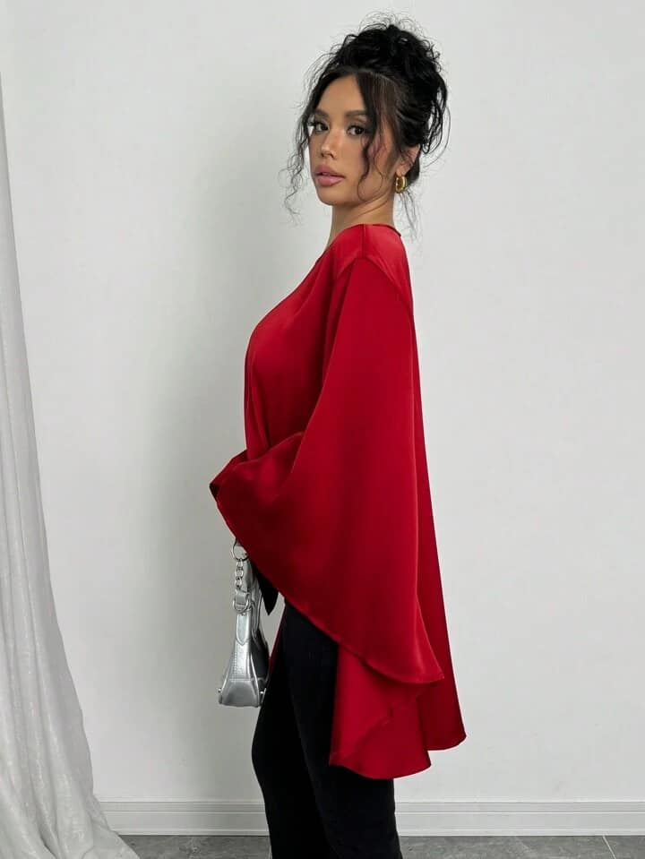 CM-TS006314 Women Casual Seoul Style Solid Color Mandarin Collar Front Short Back Long Blouse