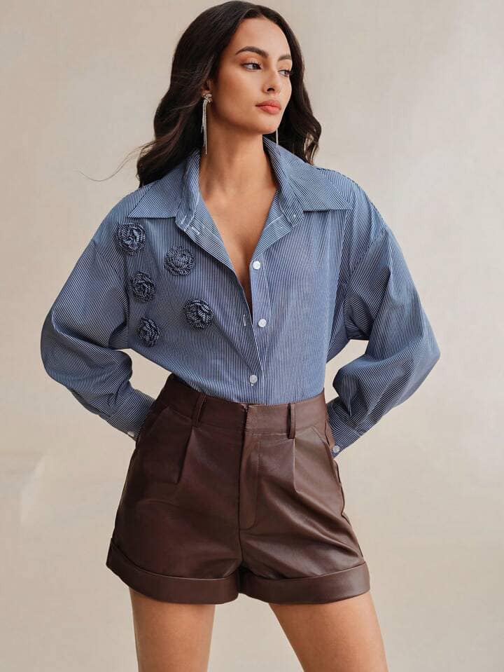 CM-TS202832 Women Elegant Seoul Style Stripe Print 3D Flower Decor Drop Shoulder Loose Blouse