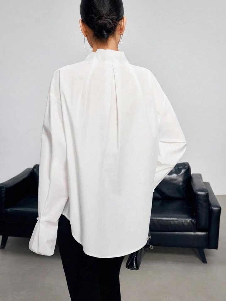 CM-TS271117 Women Casual Seoul Style Stand Collar Long Sleeve Button Up Shirt - White