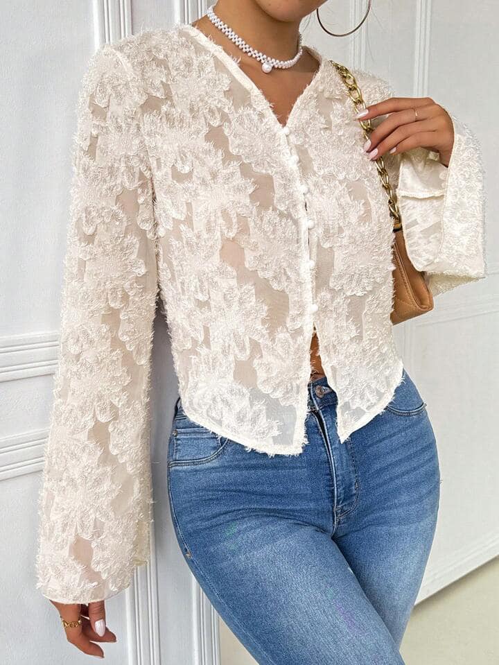 CM-TS393998 Women Casual Seoul Style Asymmetrical Hem Flare Sleeve Cut-Out Detail Shirt