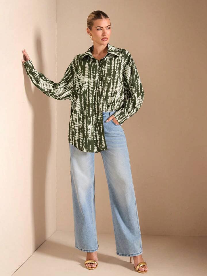 CM-TS240155 Women Casual Seoul Style Tie-Dye Pattern Collar Neckline Long Sleeve Loose Blouse
