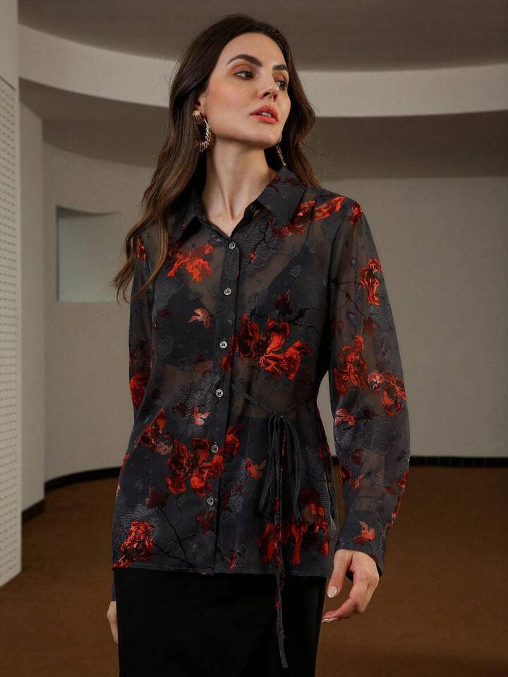 CM-TS401960 Women Casual Seoul Style Jacquard Cutout Embroidered Long Sleeve Sheer Blouse