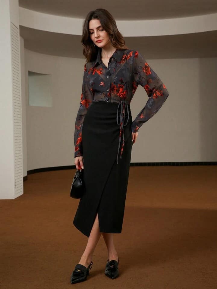 CM-TS401960 Women Casual Seoul Style Jacquard Cutout Embroidered Long Sleeve Sheer Blouse