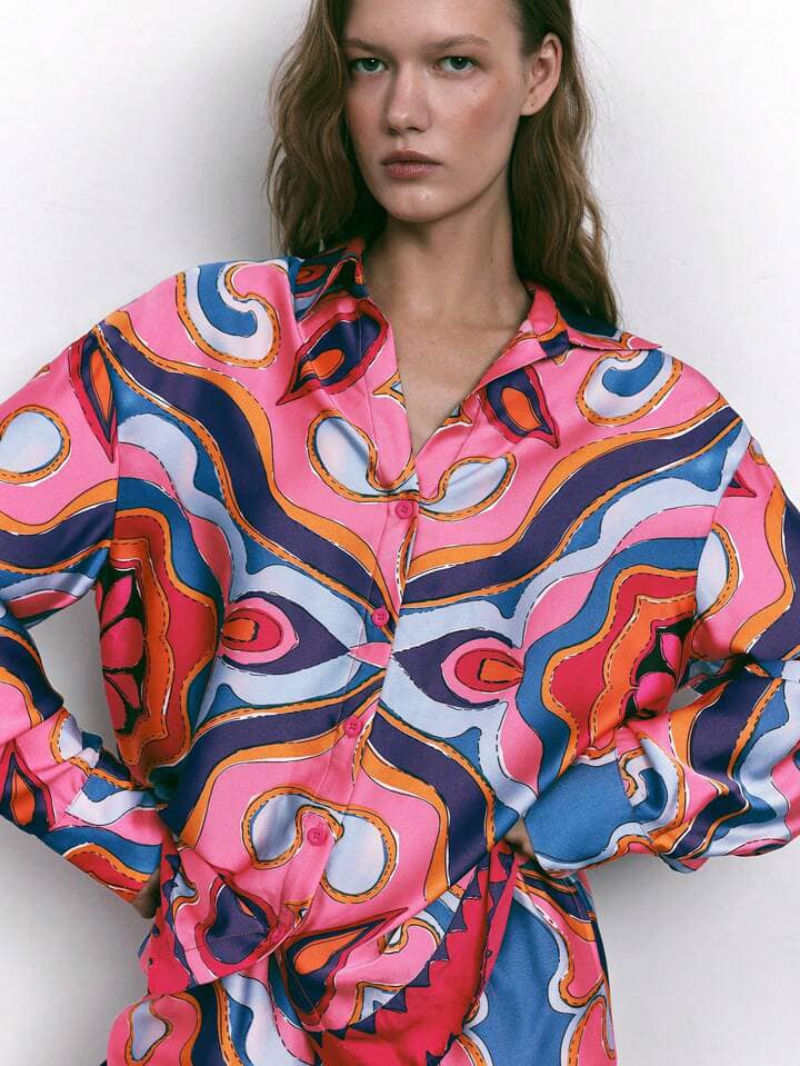 CM-TS681551 Women Casual Seoul Style All-Over Printed Faux Button Down Collar Shirt