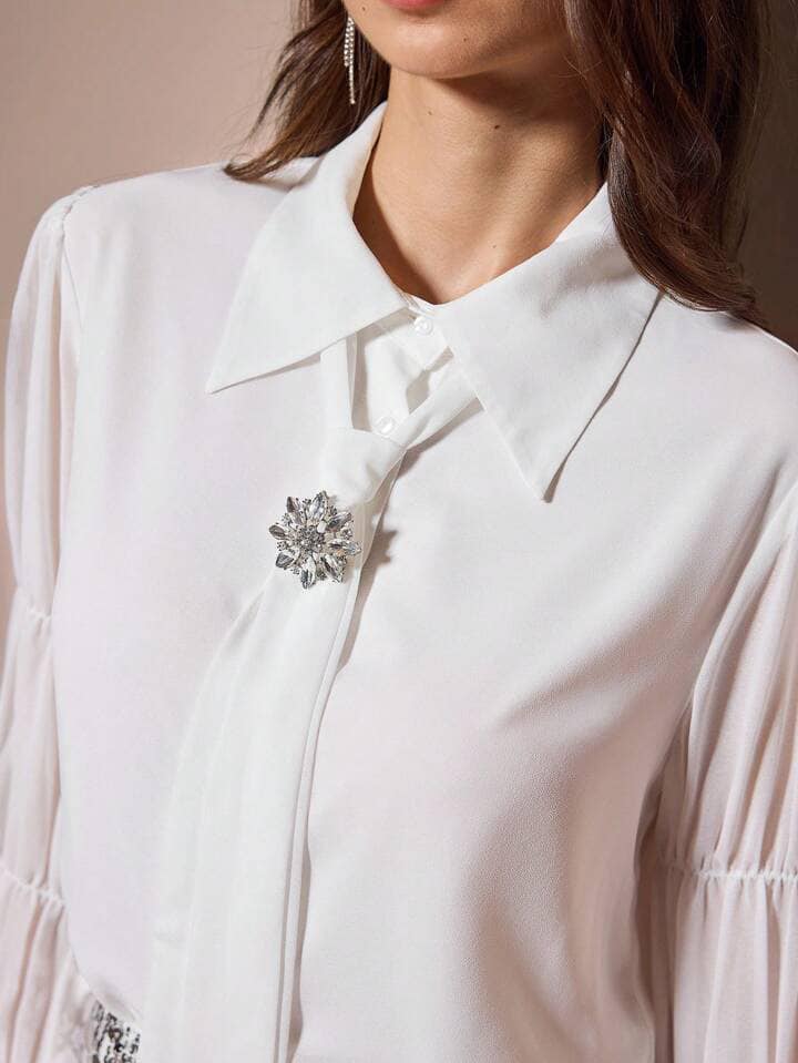 CM-TS241411 Women Elegant Seoul Style Bubble Multi-Layered Flared Cuffs Diamond Buttons Blouse