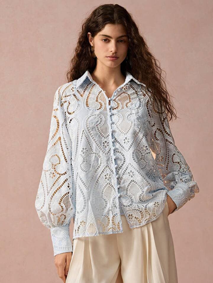 CM-TS100714 Women Elegant Seoul Style Hollow-Out Embroidered Raglan Sleeve Blouse - Blue