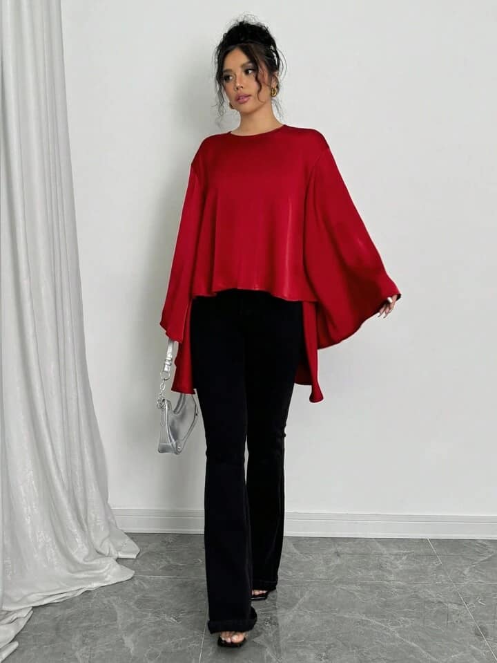 CM-TS006314 Women Casual Seoul Style Solid Color Mandarin Collar Front Short Back Long Blouse