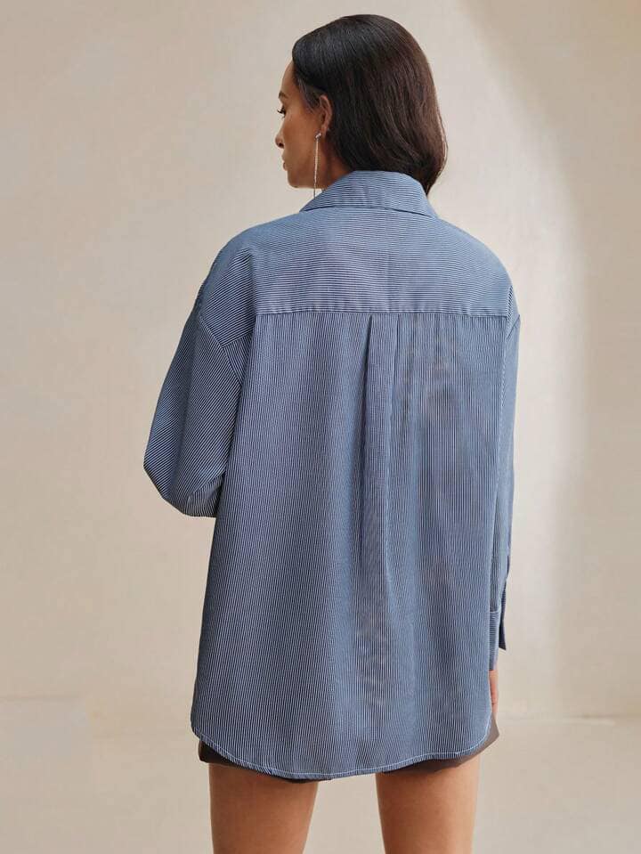 CM-TS202832 Women Elegant Seoul Style Stripe Print 3D Flower Decor Drop Shoulder Loose Blouse