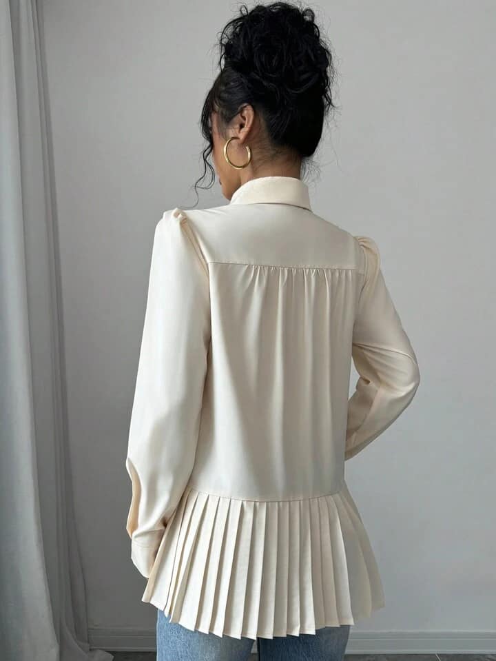 CM-TS222880 Women Casual Seoul Style Solid Color Collar Pleated Hem Long Sleeve Blouse