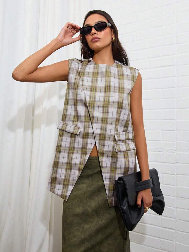 CM-TS266883 Women Casual Seoul Style Plaid Print Round Neck Sleeveless Split Hem Loose Blouse