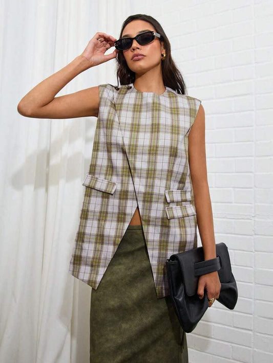 CM-TS266883 Women Casual Seoul Style Plaid Print Round Neck Sleeveless Split Hem Loose Blouse
