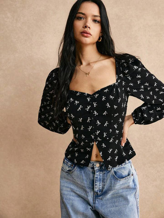 CM-TS388142 Women Casual Seoul Style Bow Print Sweetheart Collar Long-Sleeved Shirt - Black