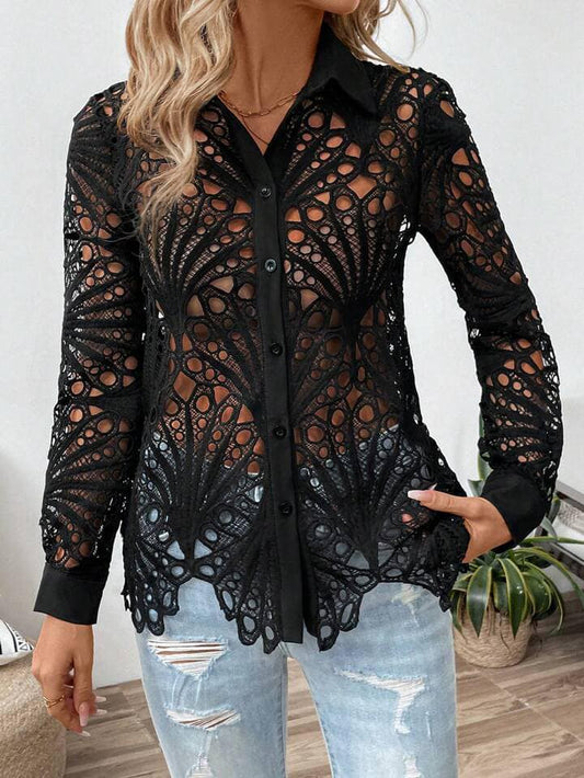 CM-TS461786 Women Casual Seoul Style Collar Neckline Drop Shoulder Lace Sheer Shirt - Black