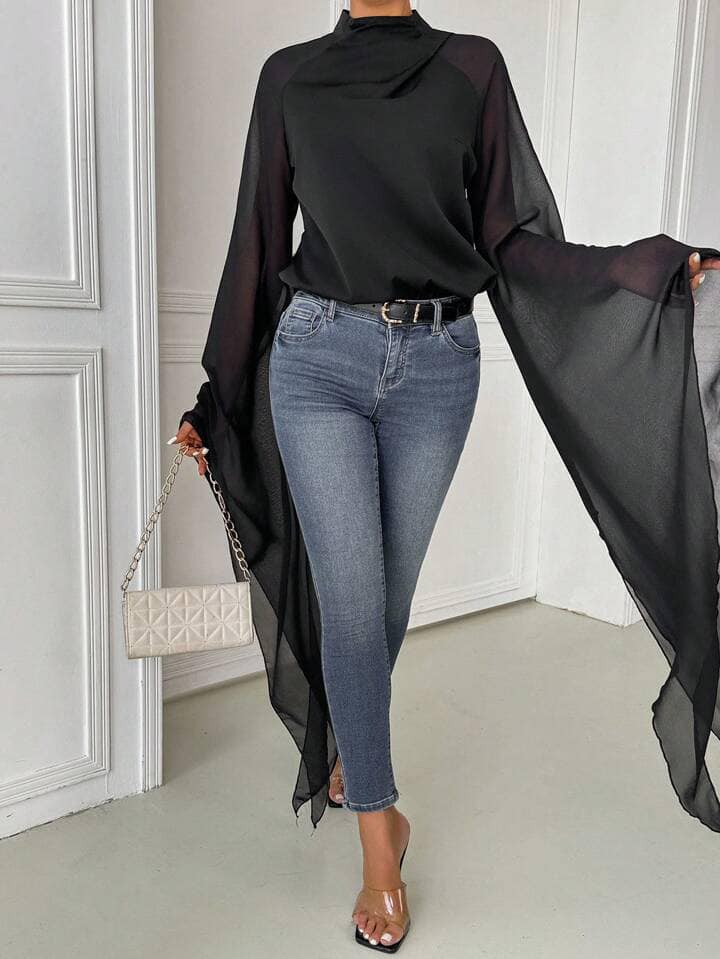 CM-TS992153 Women Casual Seoul Style Stand Collar Solid Color Batwing Sleeve Blouse - Black