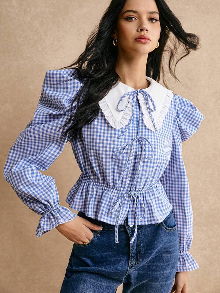 CM-TS885491 Women Casual Seoul Style Color Blocking Peter Pan Collar Gigot Sleeve Tie-Up Shirt
