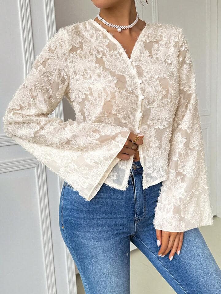 CM-TS393998 Women Casual Seoul Style Asymmetrical Hem Flare Sleeve Cut-Out Detail Shirt