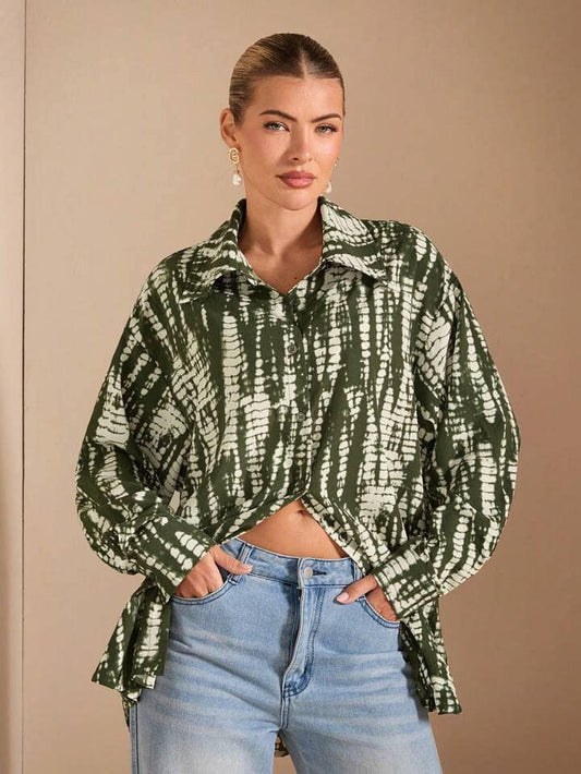 CM-TS240155 Women Casual Seoul Style Tie-Dye Pattern Collar Neckline Long Sleeve Loose Blouse