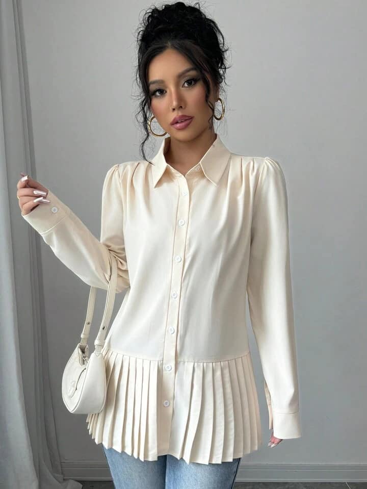 CM-TS222880 Women Casual Seoul Style Solid Color Collar Pleated Hem Long Sleeve Blouse
