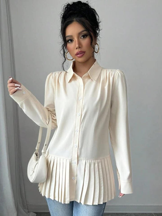 CM-TS222880 Women Casual Seoul Style Solid Color Collar Pleated Hem Long Sleeve Blouse