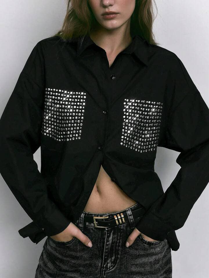 CM-TS152565 Women Casual Seoul Style Round Square Rhinestone Decor Long Sleeve Blouse