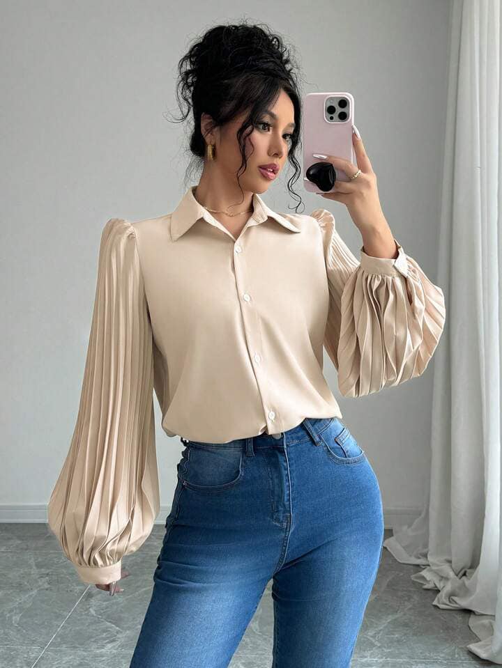 CM-TS388840 Women Casual Seoul Style Solid Color Front Button Long Sleeve Pleated Shirt - Khaki