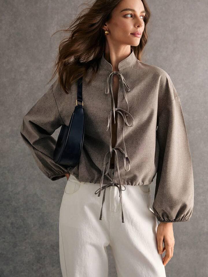 CM-TS599053 Women Casual Seoul Style Solid Color Stand Collar Tie-Up Lantern Sleeve Blouse