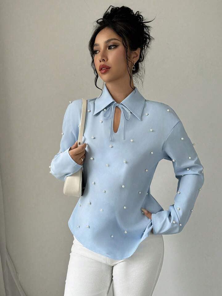 CM-TS694707 Women Elegant Seoul Style Tie Neck Pearl Embellished Long Sleeve Blouse - Blue