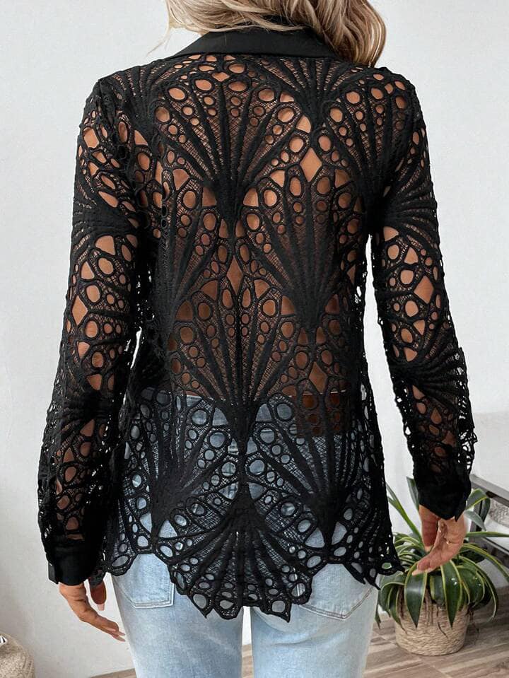 CM-TS461786 Women Casual Seoul Style Collar Neckline Drop Shoulder Lace Sheer Shirt - Black