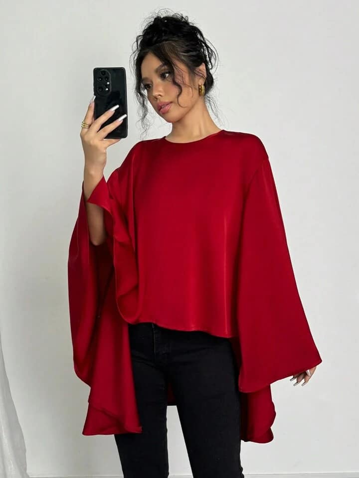 CM-TS006314 Women Casual Seoul Style Solid Color Mandarin Collar Front Short Back Long Blouse