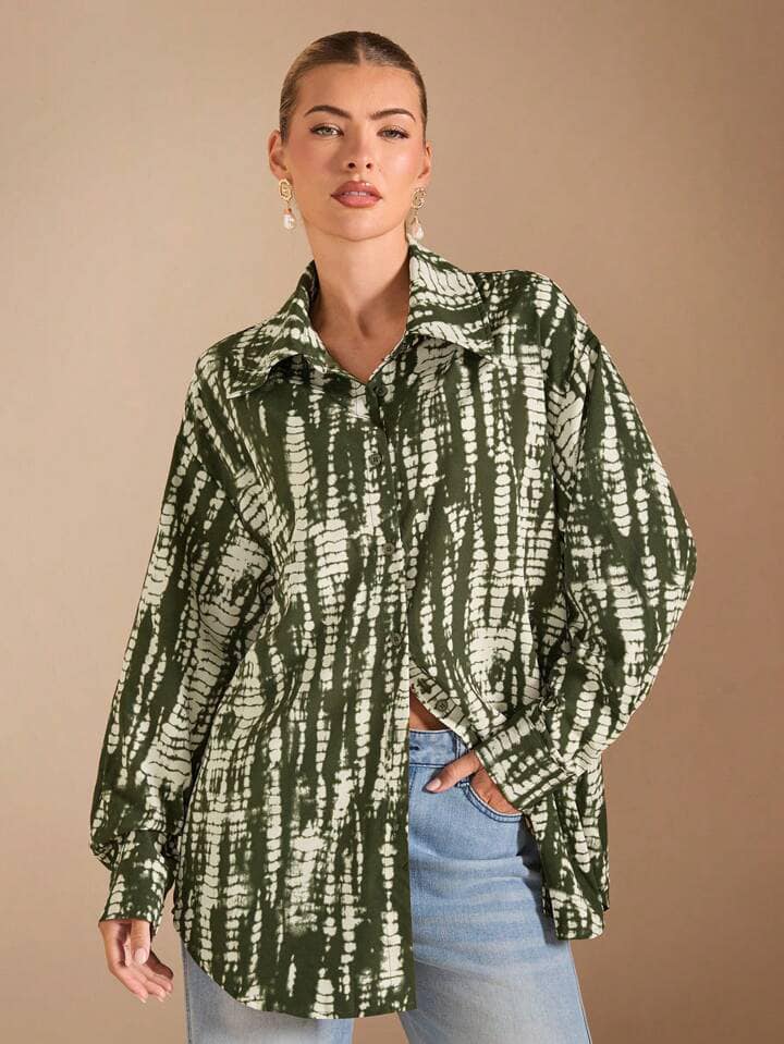 CM-TS240155 Women Casual Seoul Style Tie-Dye Pattern Collar Neckline Long Sleeve Loose Blouse