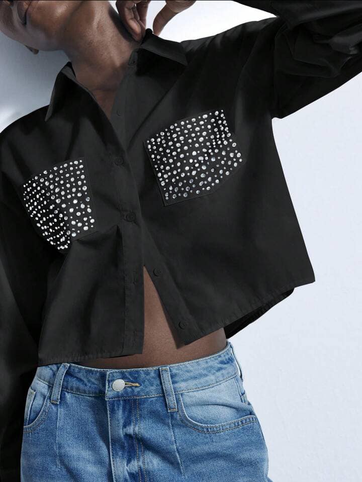 CM-TS337368 Women Casual Seoul Style Diamond Embellished Cut-Out Front Long Sleeve Shirt - Black